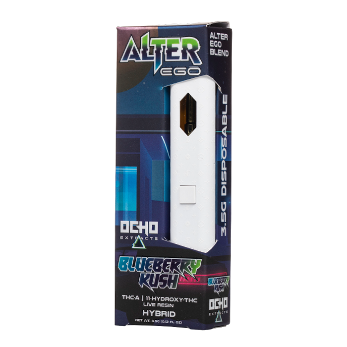 Alter Ego Disposable(s) Blueberry Kush vape in white and blue packaging with a slim white device and black accents