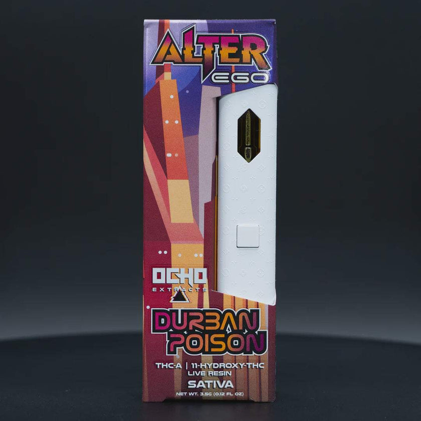 Alter Ego Disposable(s) with a white rectangular device and colorful purple, red, and orange box labeled Durban Poison Sativa
