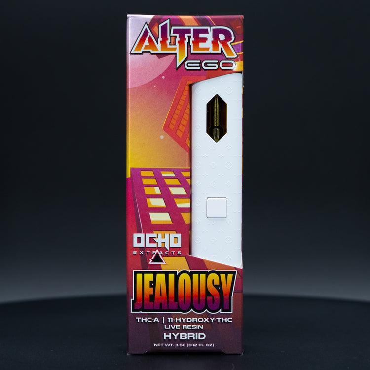 Alter Ego Disposable(s) Jealousy hybrid vape in a white device with colorful pink and orange packaging