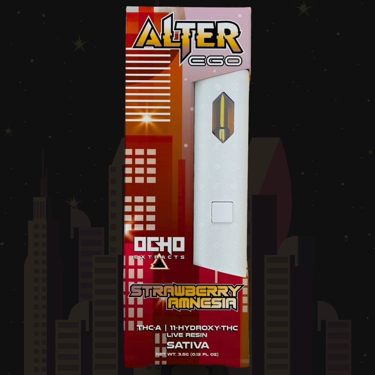 Alter Ego Disposable(s) Strawberry Rancasia vape with white device and red-orange packaging, featuring bold retro graphics