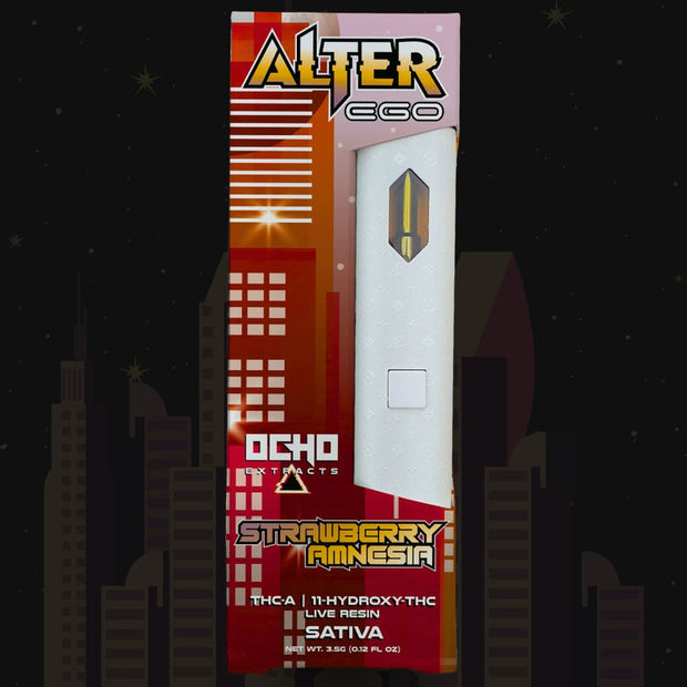 Alter Ego Disposable(s) Strawberry Rancasia vape with white device and red-orange packaging, featuring bold retro graphics