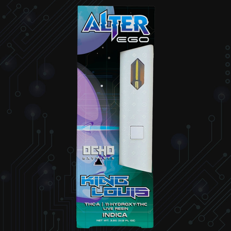 Alter Ego Disposable(s) vape device, white with a gold accent, in colorful King Louis THC-A live resin packaging