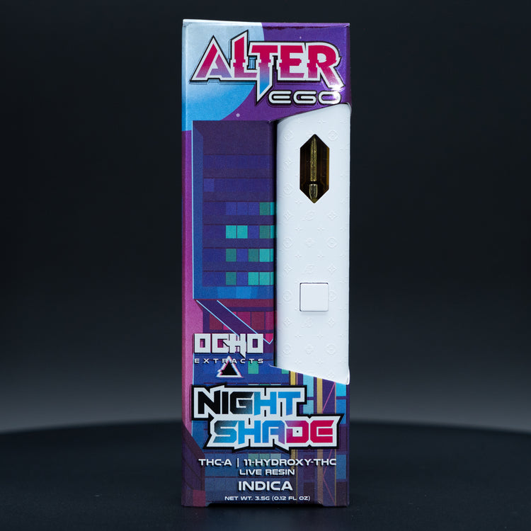 Alter Ego Disposable(s) featuring a white vape device with a gold mouthpiece and matching purple-blue Night Shade packaging