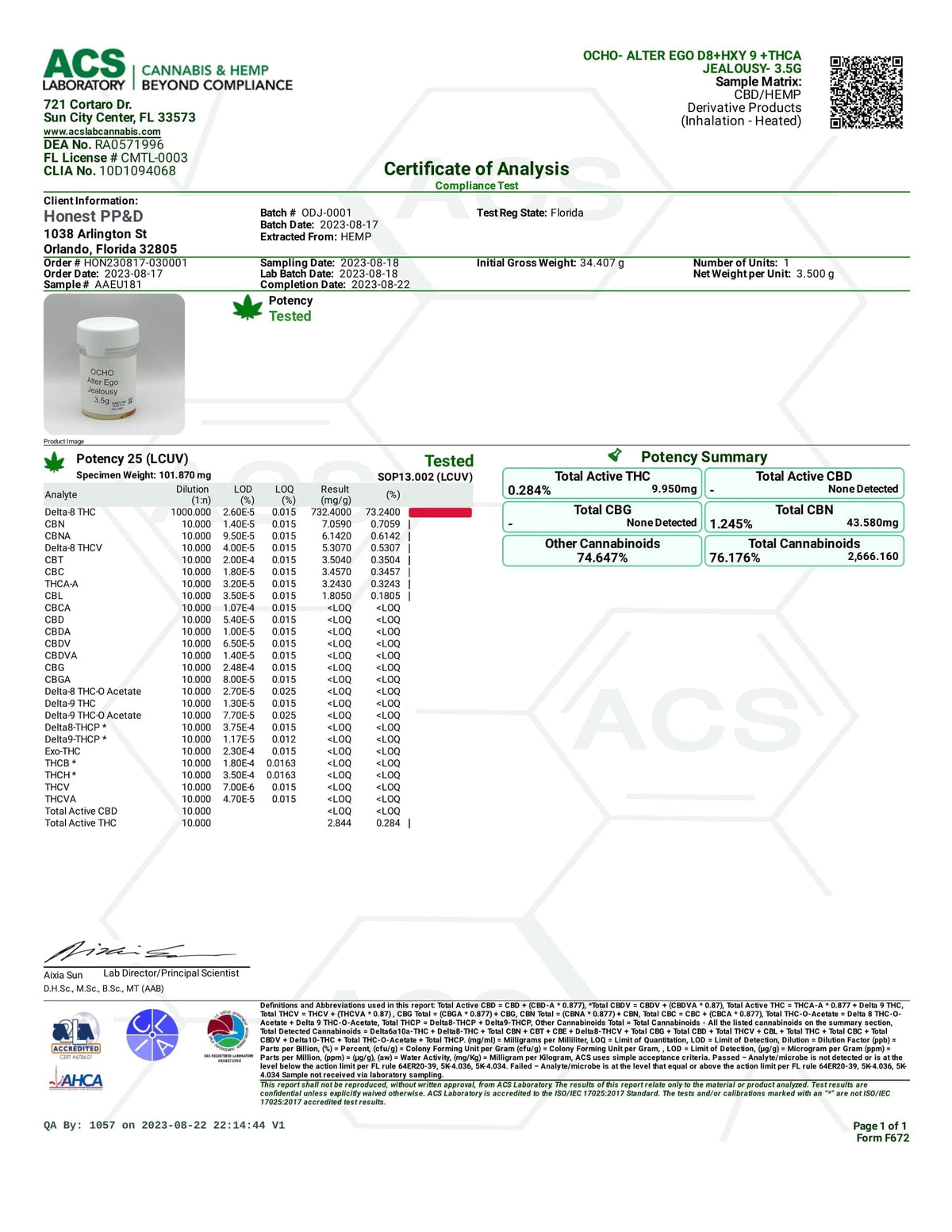 Alter Ego Disposable(s) certificate of analysis showing a white 3.5g cannabis product and potency results