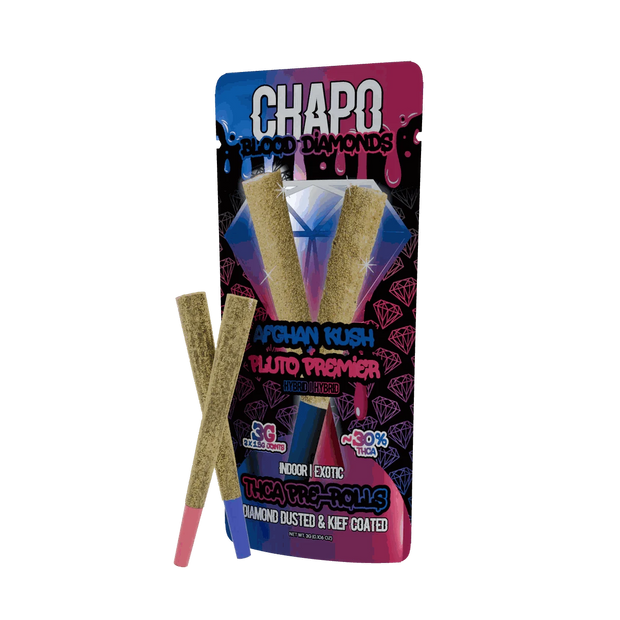 Chapo Blood Diamonds THCA pre-roll pack with two glittering gold-toned cones and a vivid blue and magenta diamond design