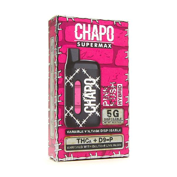 Chapo Supermax Disposables in a black vape device and bright pink packaging, with bold lettering and barbed-wire graphics