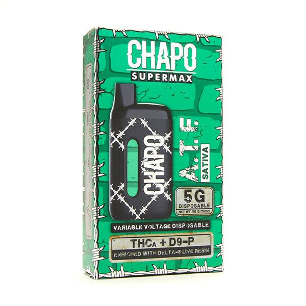 Chapo Supermax Disposables in a green graphic box with black vape device, 5G label and white barbed-wire pattern