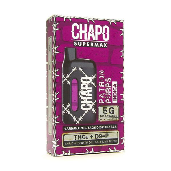 Chapo Supermax Disposables vape in black and magenta packaging, featuring a 5g disposable device and THCA plus D9-P label