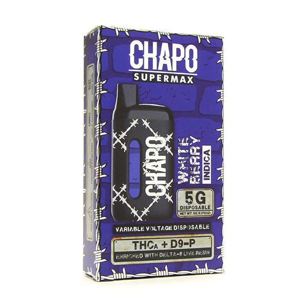 Chapo Supermax Disposables in a purple box with bold white branding, barbed-wire graphics and 5G disposable labeling