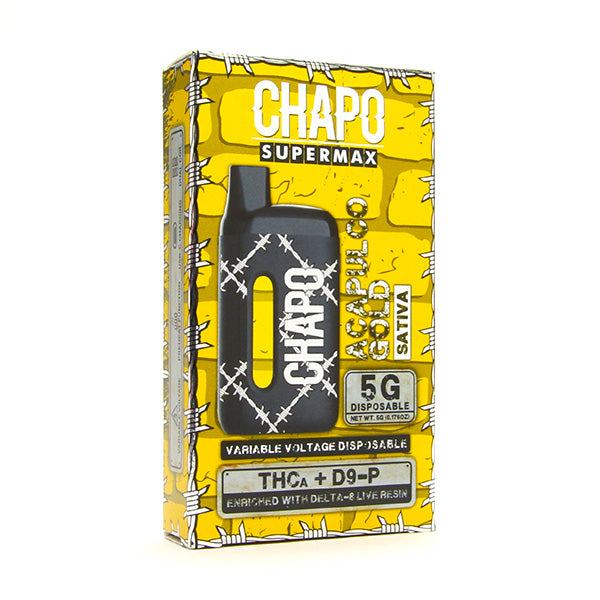 Chapo Supermax Disposables in yellow illustrated packaging, featuring a black vape device and bold 5G disposable label