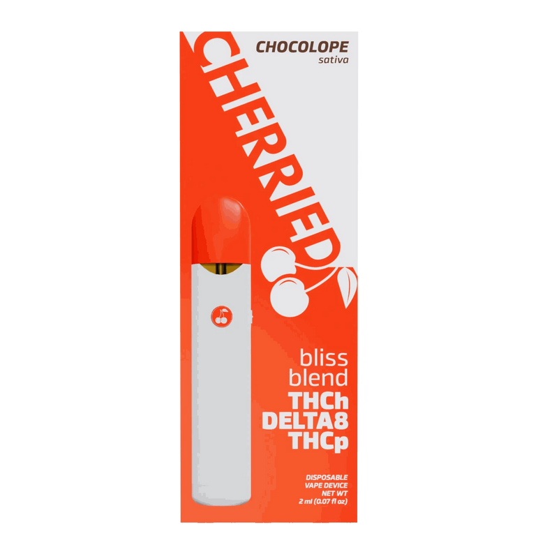 Cherried BLISS Blend disposable vape in a white and bright orange-red package with cherry graphics and a slim white device.