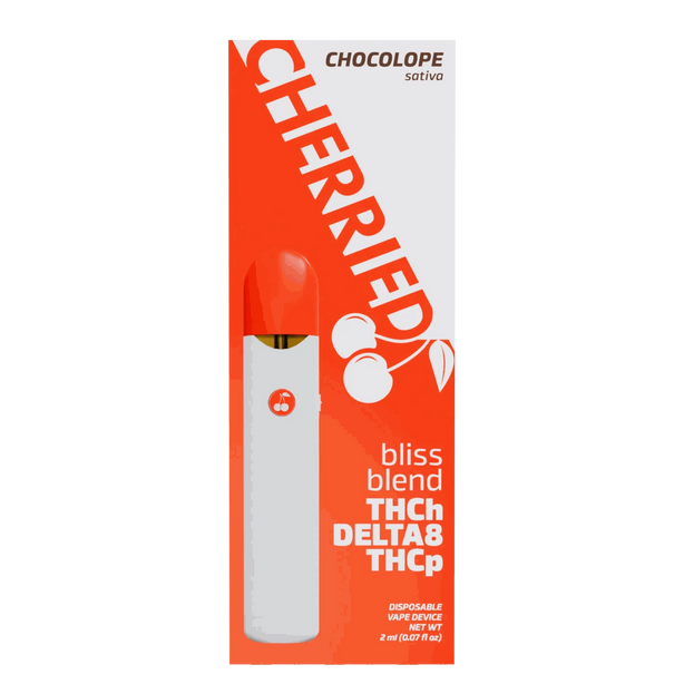 Cherried BLISS Blend disposable vape in a white and bright orange-red package with cherry graphics and a slim white device.
