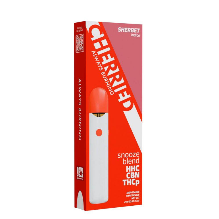 Cherried BLISS Blend disposable vape in a white and red pen-style design, packaged in a red and pink Sherbet Indica box