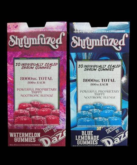 DazeD Shrumfuzed Trippy mushroom gummies in pink watermelon and blue lemonade packaging, with red and blue sugar-coated gummies.