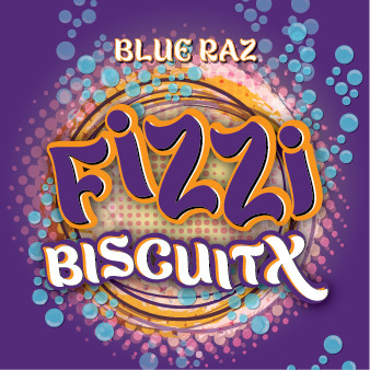 Fizzi BiscuitX Blue Raz flavour graphic with bold orange and cream lettering over a colourful circular design