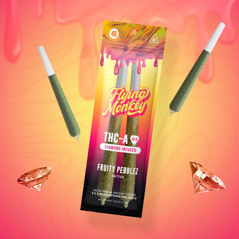 Flying Monkey Diamond Infused Pre-Rolls in a colorful Fruity Pebblez THC-A package, with two green pre-rolls and diamond graphics