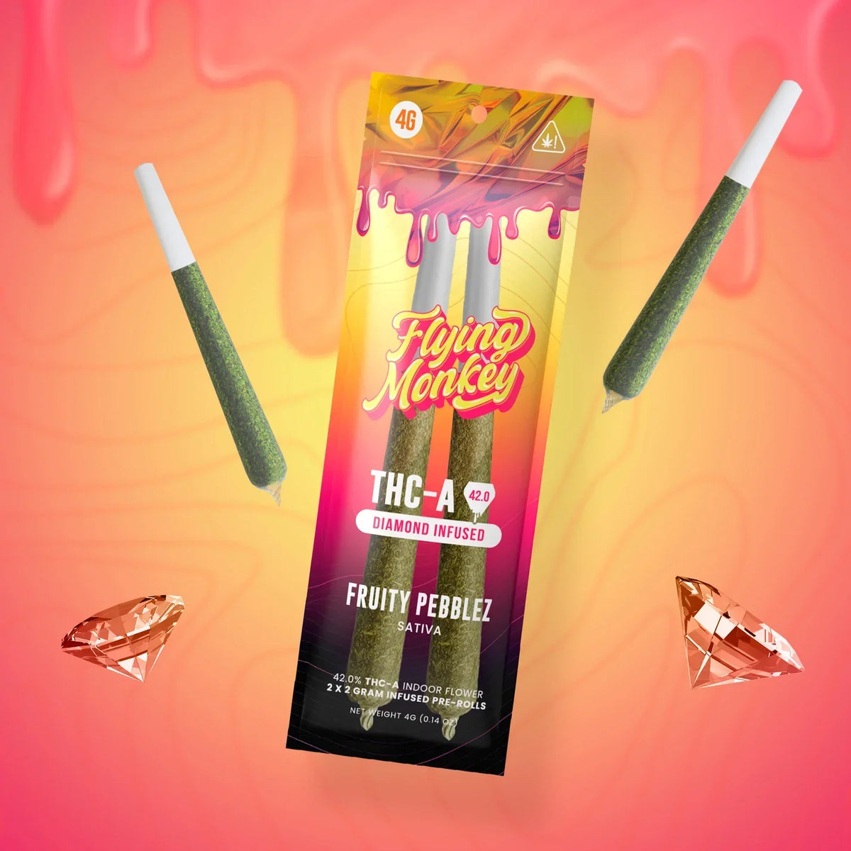Flying Monkey Diamond Infused Pre-Rolls in a colorful Fruity Pebblez THC-A package, with two green pre-rolls and diamond graphics