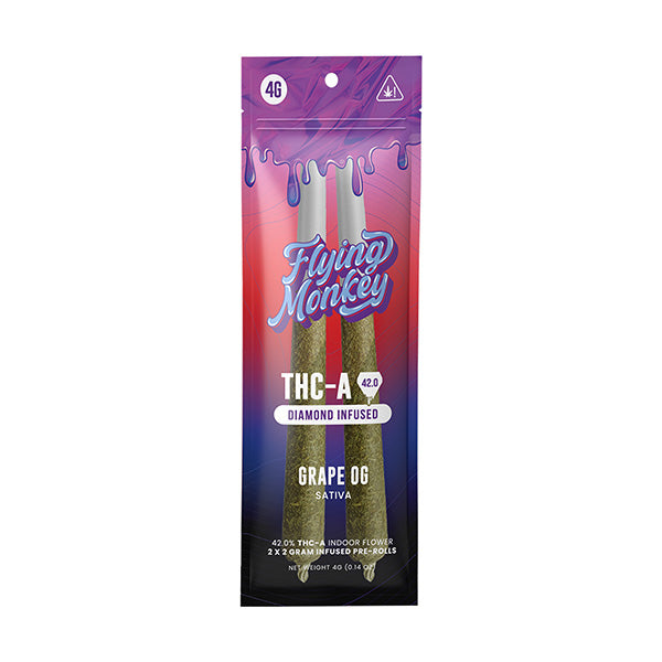 Flying Monkey Diamond Infused Pre-Rolls in a purple, pink and blue grape OG package with two visible cannabis rolls