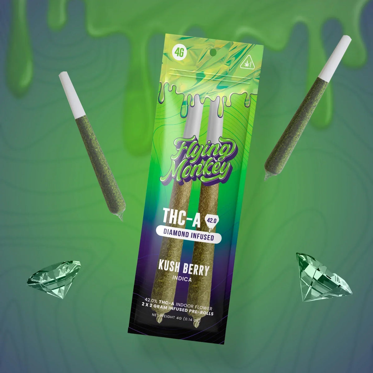 Flying Monkey Diamond Infused Pre-Rolls in a green and purple TAC-A package, with two brown pre-rolls and diamond graphics