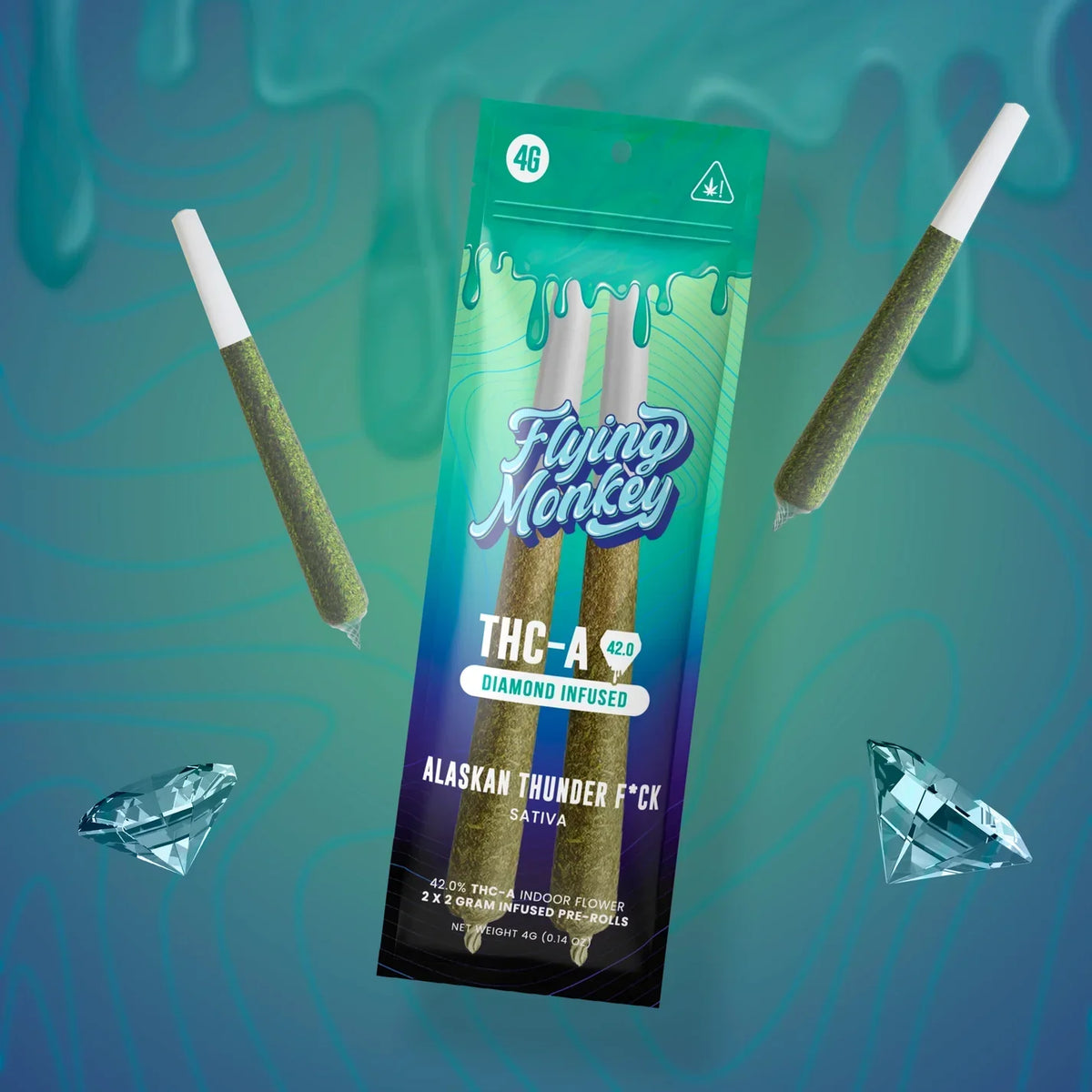 Flying Monkey Diamond Infused Pre-Rolls in a green THC-A pouch with two slim wrapped pre-rolls and diamond graphics