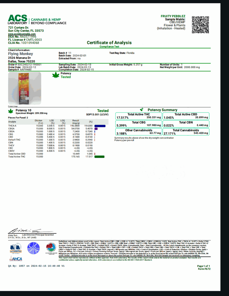 Flying Monkey Diamond Infused Pre-Rolls product certificate showing a laboratory analysis report with cannabinoid potency results
