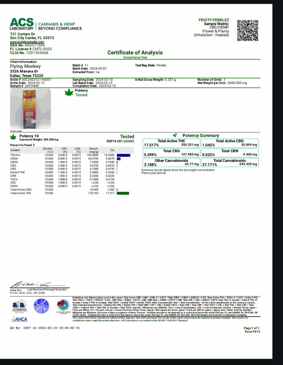 Flying Monkey Diamond Infused Pre-Rolls product certificate showing a laboratory analysis report with cannabinoid potency results