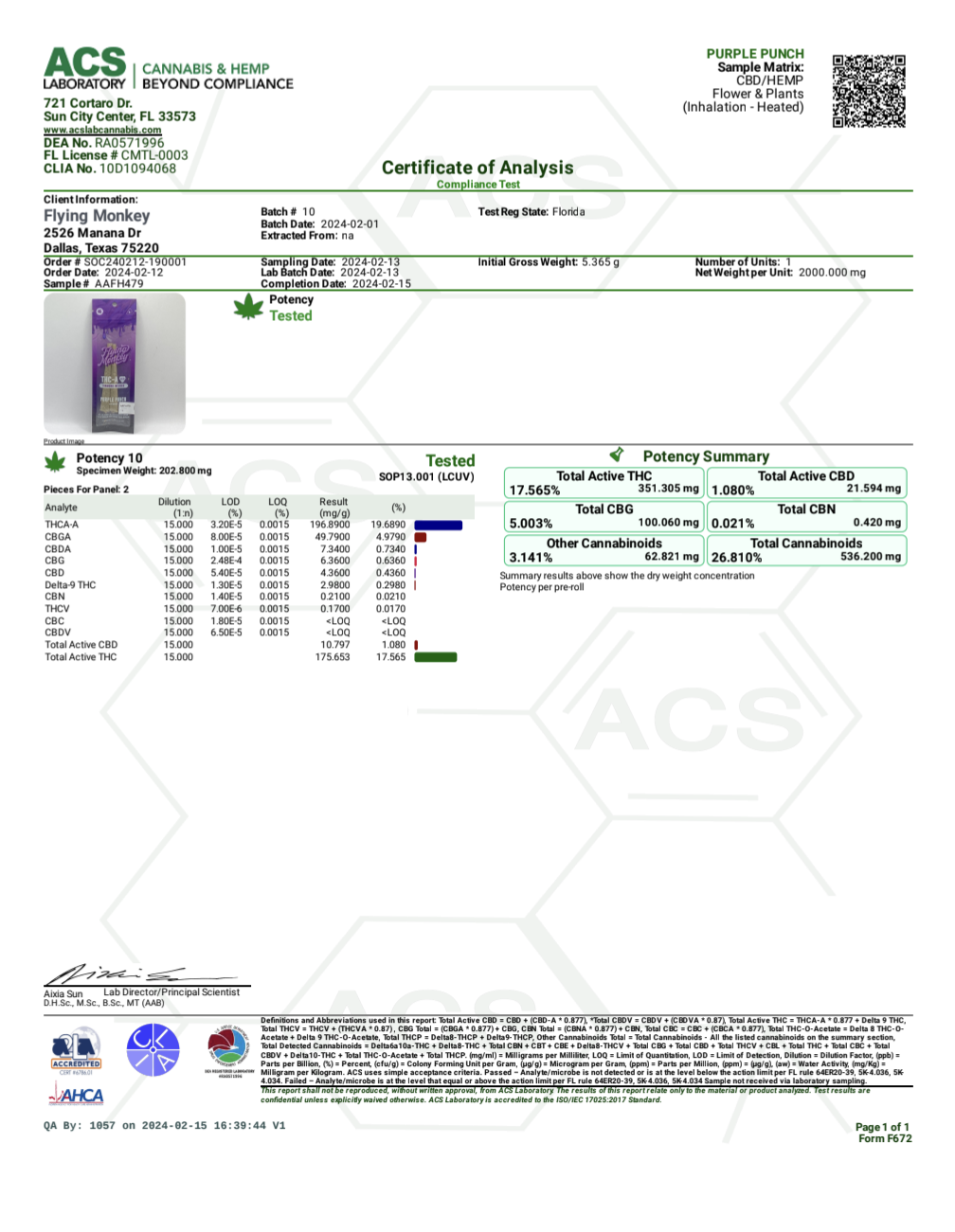 Flying Monkey Diamond Infused Pre-Rolls product certificate showing a laboratory analysis with potency results and a Purple Punch sample label