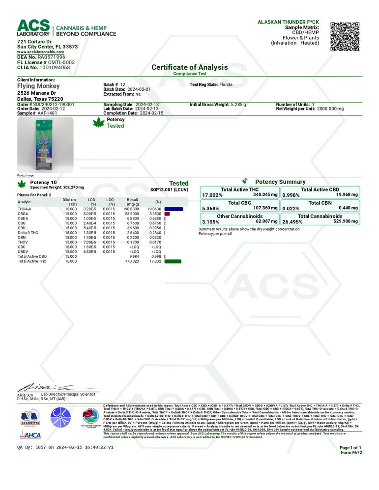 Flying Monkey Diamond Infused Pre-Rolls product lab report showing a potency summary, cannabinoid results and sample details