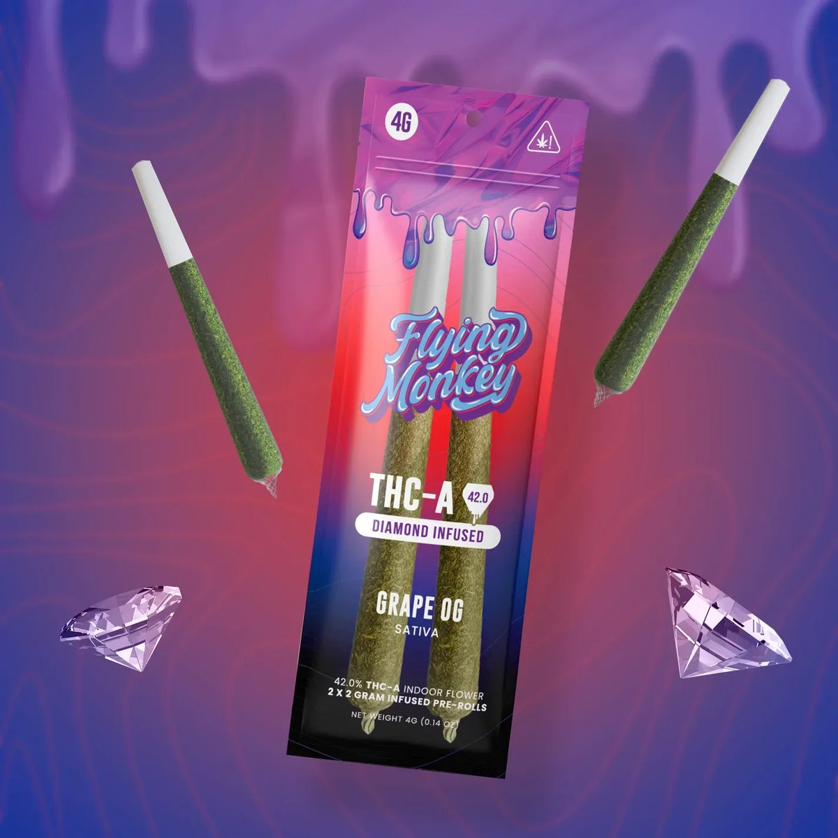 Flying Monkey Diamond Infused Pre-Rolls in a vibrant pink and blue 4g pouch with two green pre-rolls and diamond graphics