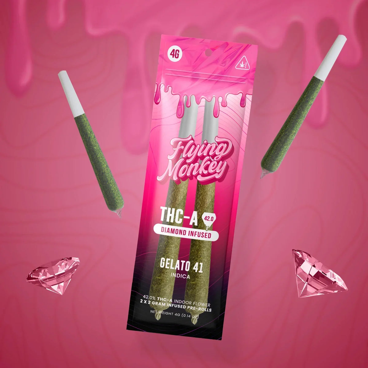Flying Monkey Diamond Infused Pre-Rolls in a bright pink THC-A pouch, with two green pre-rolls and diamond graphics