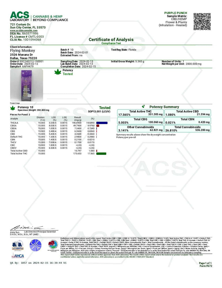 Flying Monkey Diamond Infused Pre-Rolls with a purple product label shown beside a cannabis potency certificate