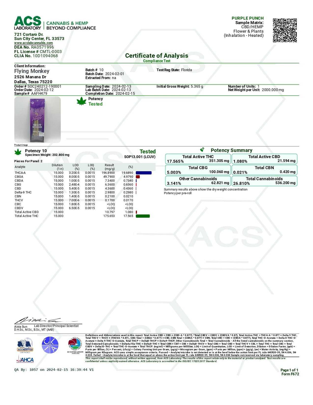 Flying Monkey Diamond Infused Pre-Rolls with a purple product label shown beside a cannabis potency certificate