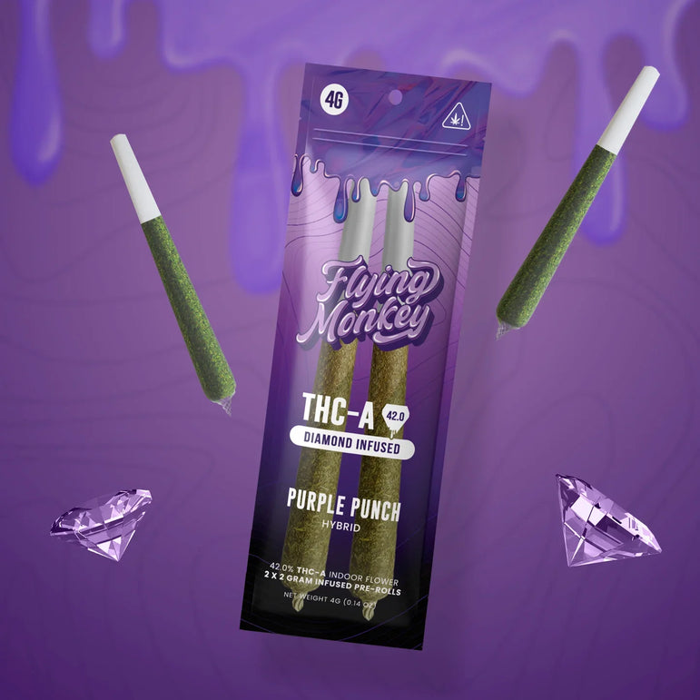 Flying Monkey Diamond Infused Pre-Rolls in a purple Purple Punch package with two green pre-rolls and diamond graphics