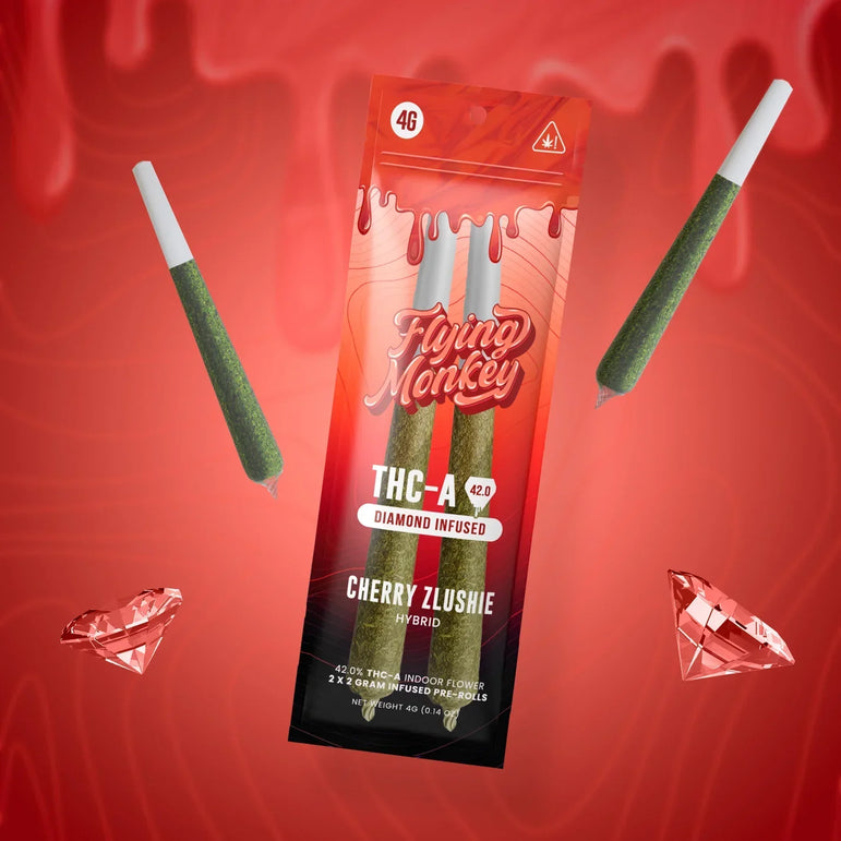Flying Monkey Diamond Infused Pre-Rolls in a red Cherry Zlushie package with two green pre-rolls and diamond graphics