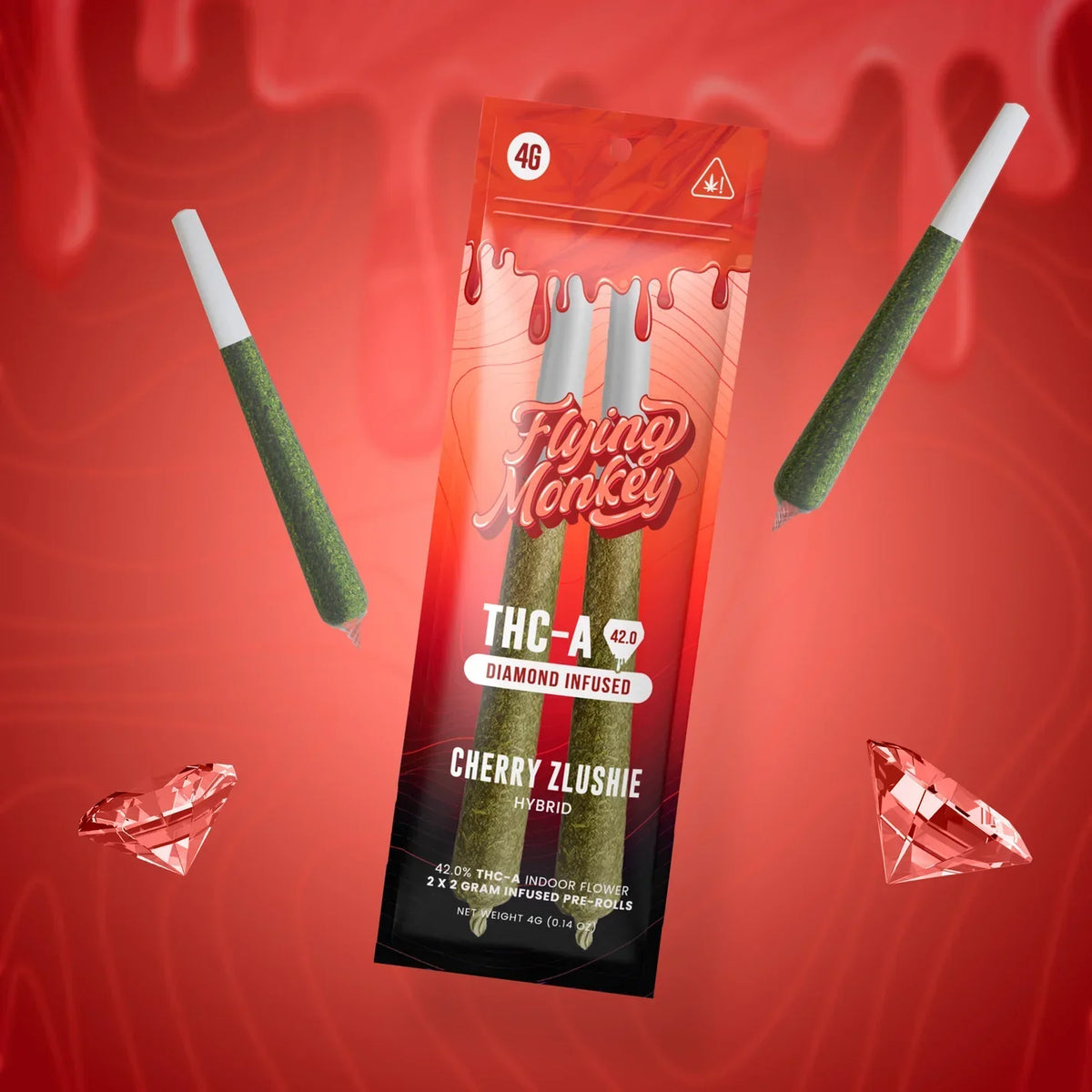 Flying Monkey Diamond Infused Pre-Rolls in a red Cherry Zlushie package with two green pre-rolls and diamond graphics