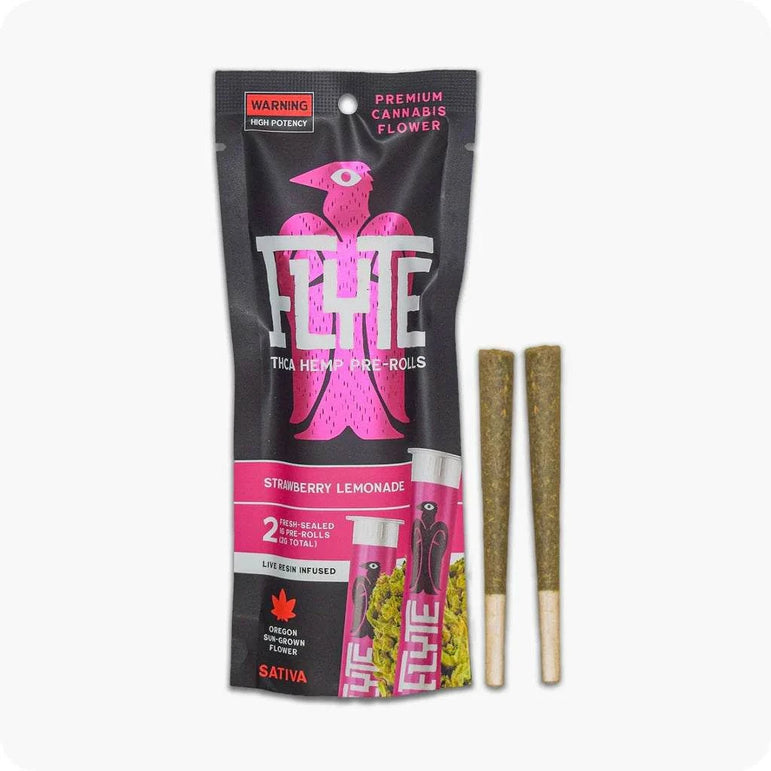 Flyte Pre-rolls Live Resin Infused in a black and pink Strawberry Lemonade pouch with two visible brown pre-rolls