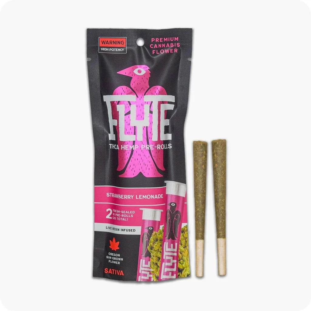 Flyte Pre-rolls Live Resin Infused in a black and pink Strawberry Lemonade pouch with two visible brown pre-rolls