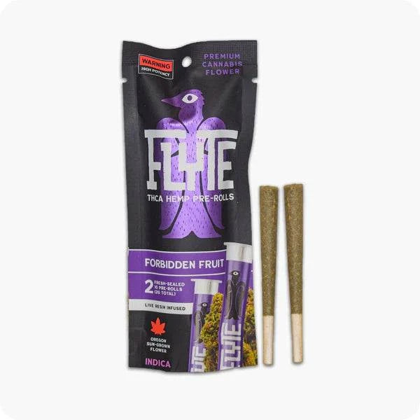 Flyte Pre-rolls Live Resin Infused in black and purple Forbidden Fruit packaging with two tan cannabis rolls