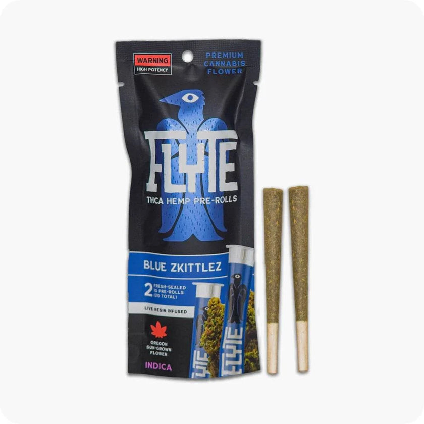 Flyte Pre-rolls Live Resin Infused in a black Blue Skittlez pouch with blue graphics and two tan rolled joints