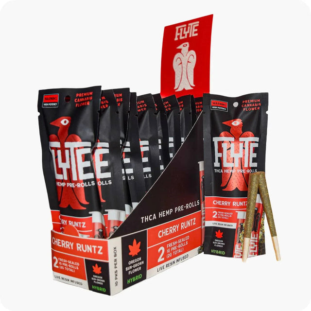 Flyte Pre-rolls Live Resin Infused in black and red Cherry Runtz packs, with two tan pre-rolls displayed