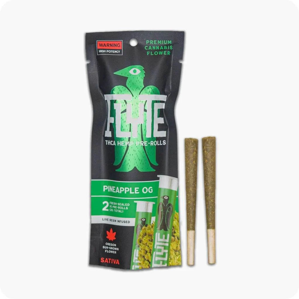 Flyte Pre-rolls Live Resin Infused in a black and green Pineapple OG pouch with two tan pre-rolls