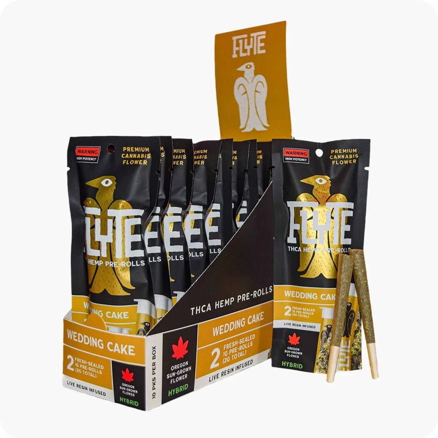 Flyte Pre-rolls Live Resin Infused Wedding Cake pack with black and gold bird graphics, two pre-rolls and display carton