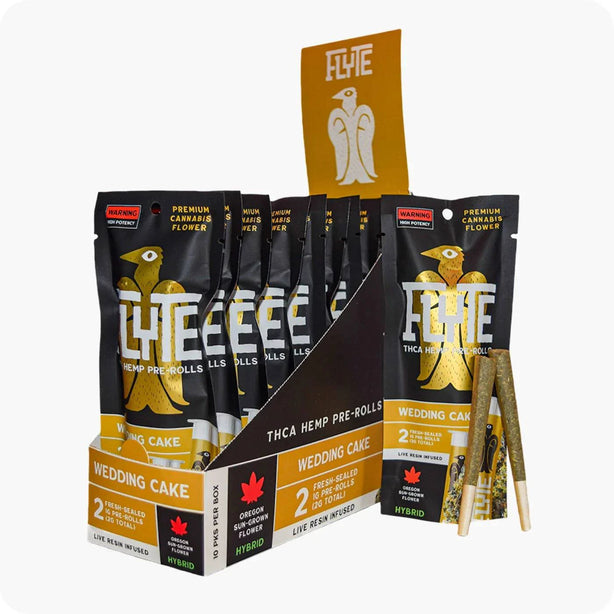 Flyte Pre-rolls Live Resin Infused Wedding Cake pack with black and gold bird graphics, two pre-rolls and display carton