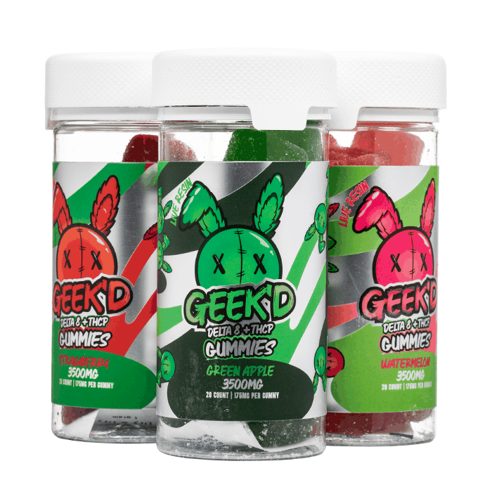Geek'd Live Resin Gummie(s) in clear jars with white lids and vibrant fruit graphics, showing green apple, strawberry and watermelon flavors