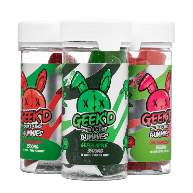 Geek'd Live Resin Gummie(s) in clear jars with white lids and vibrant fruit graphics, showing green apple, strawberry and watermelon flavors
