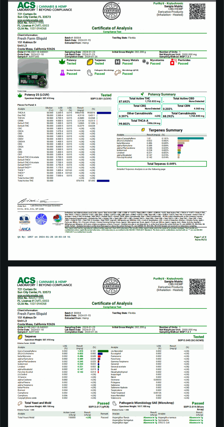 Half Bak'd PuriFryd concentrate shown on two cannabis certificate of analysis reports with lab results and terpene summaries