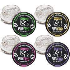 Half Bak'd PuriFryd THCA diamond sauce concentrate jars with clear lids and colorful circular labels in green, yellow, pink and purple