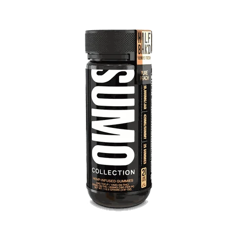Half Bak'd Sumo Gummies in a black cylindrical jar with a textured cap, bold white Sumo lettering and gold label accents