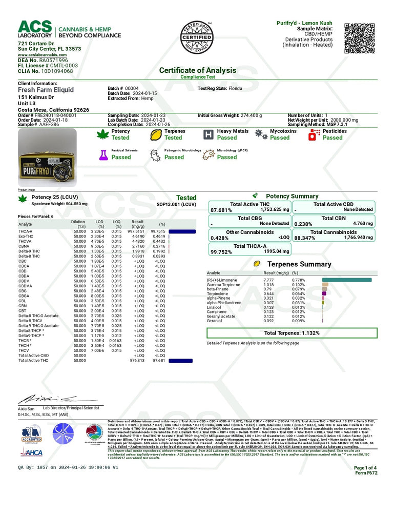 Half Bak'd PuriFryd concentrate in a dark rectangular jar with a black and yellow label, shown beside its laboratory analysis certificate