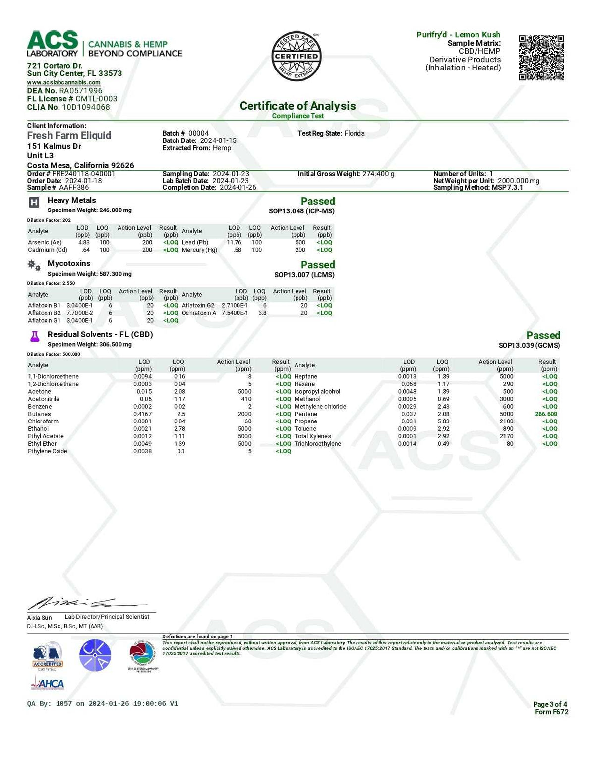 Half Bak'd PuriFryd concentrate product certificate, a white laboratory analysis sheet with green headings, test results and certification seals.